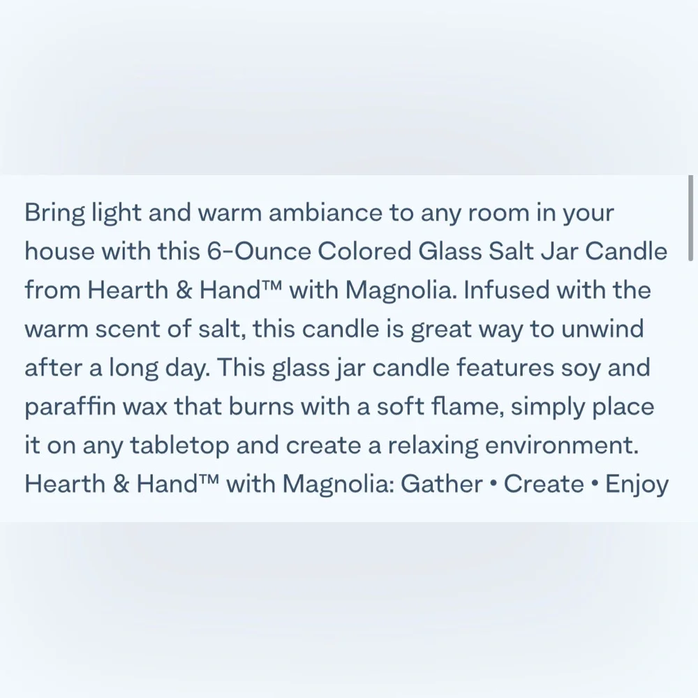 HEARTH & HAND NWT colored glass salt jar candle -6oz